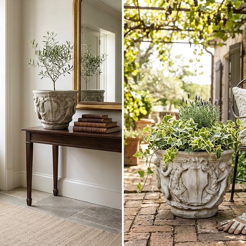 Two images: one of a decorative plant pot on a table indoors, and another of a plant pot outdoors with a garden view Elegant Cherub Bell Pot — Planter 