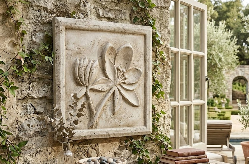 Decorative stone wall with floral design, wooden bench, and outdoor furniture.