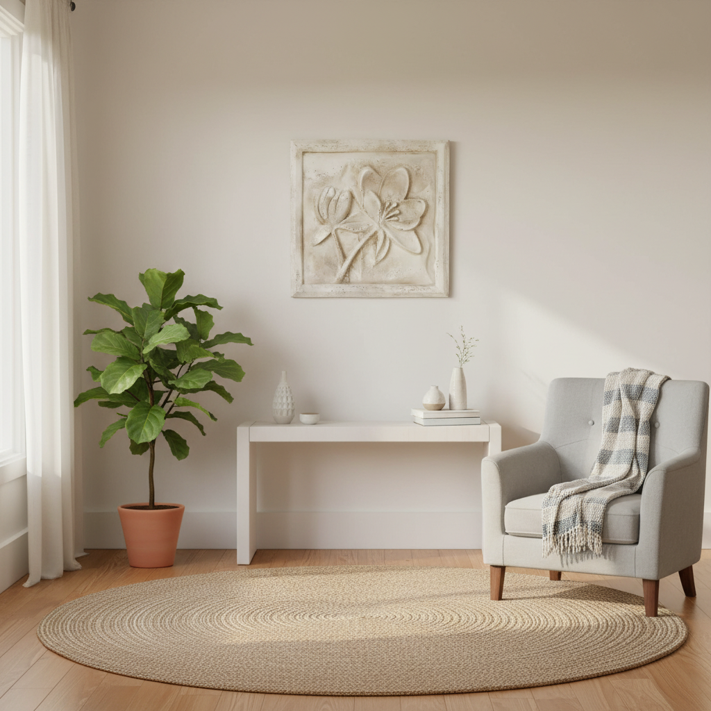 Living room with a gray armchair, round beige rug, and decorative elements Elegant Lotus Plaque Display Sculpture: 