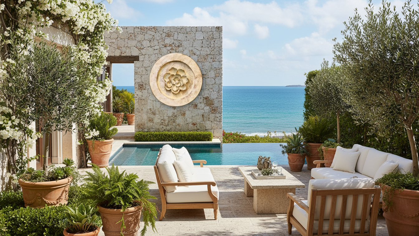 Elegant Magnolia Round Wall Plaque  12Inch Handcrafted Fiberstone Sculpture
