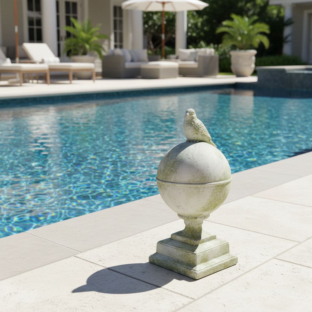 Decorative urn with a bird on top by a poolside
