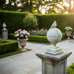 Decorative urn with a bird on top in a garden setting with flowers and hedges.