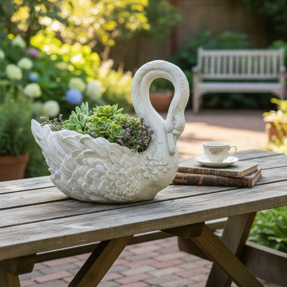 Swan-shaped planter with plants on a wooden table outdoors