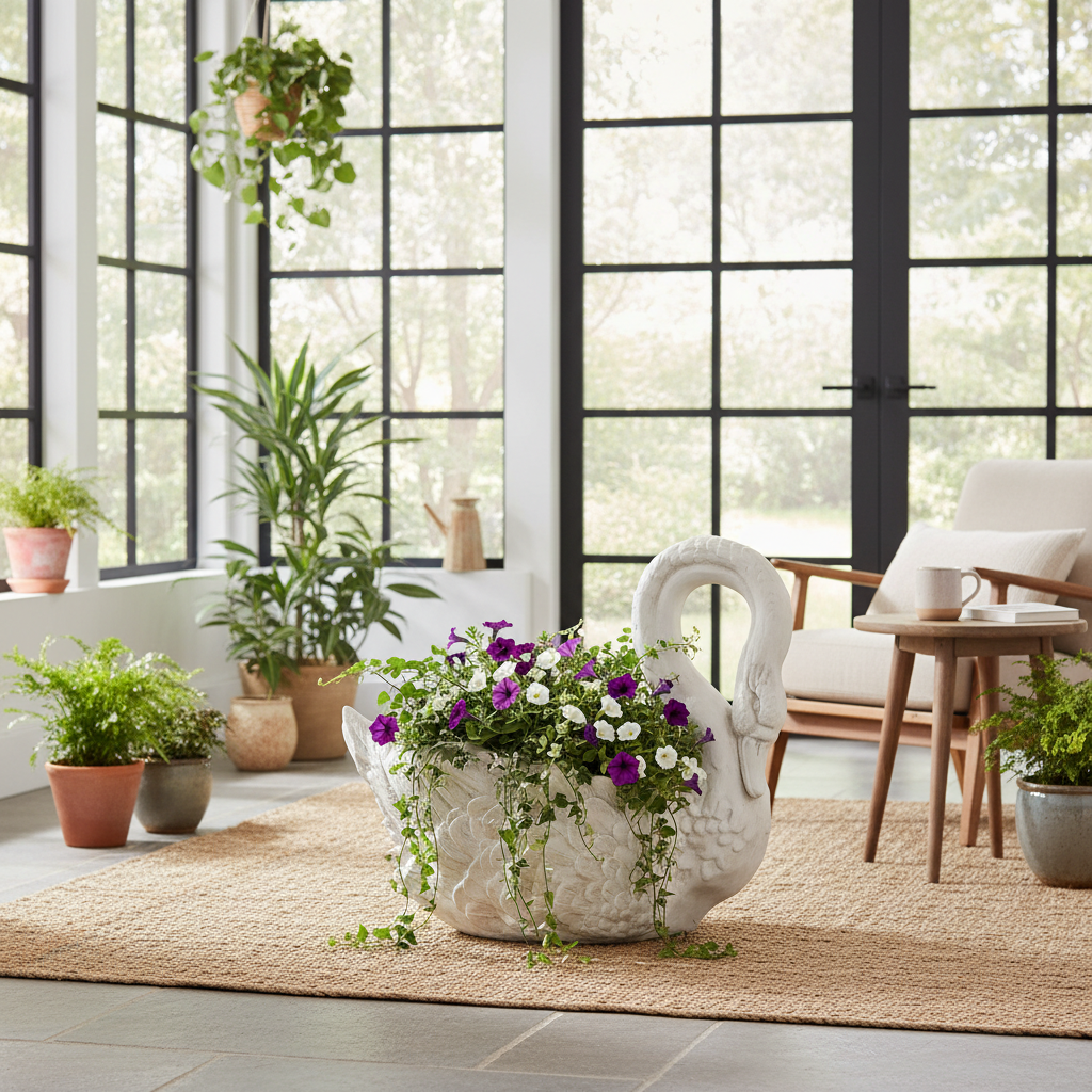 Decorative white swan planter with flowers in a room with large windows and indoor plants.