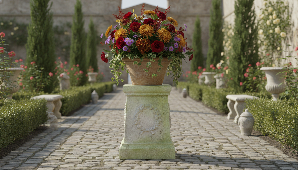Elegant Wreath Pedestal Sculpture – White Moss Patina