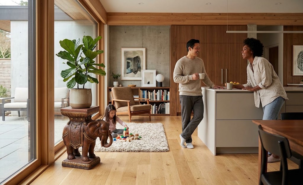 A man and a woman converse in a bright, modern open-plan kitchen and living space with light wood floors, a white island, and large windows. A child plays on a white rug nearby, and a decorative elephant statue and potted plant sit in the foreground.