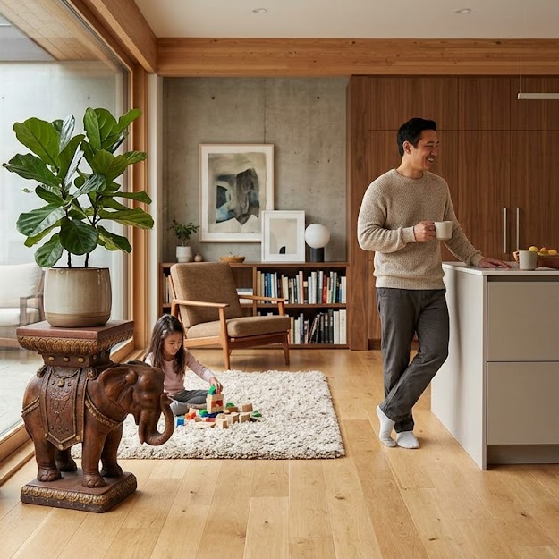 Elephant Pedestal A man in a beige sweater and gray pants stands in a modern kitchen area holding a white mug, with a young girl playing with blocks on a white rug nearby. The room features light wood floors, a concrete wall, and a large potted fiddle-leaf fig plant on a decorative elephant pedestal.