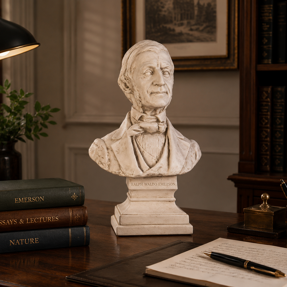 A white marble-style bust sculpture of Ralph Waldo Emerson on a pedestal, displayed on a wooden desk in a vintage study setting with books, a lamp, and an open notebook.