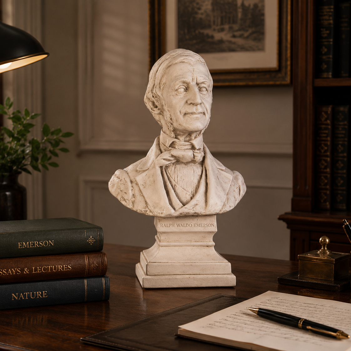 A white marble-style bust sculpture of Ralph Waldo Emerson on a pedestal, displayed on a wooden desk in a vintage study setting with books, a lamp, and an open notebook.