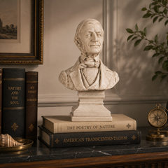 A classical-style stone bust sculpture of George Washington on a pedestal, displayed on top of decorative books on a dark wooden mantelpiece or shelf, with a framed print, books, a plant, and a small brass compass in a warm interior setting.