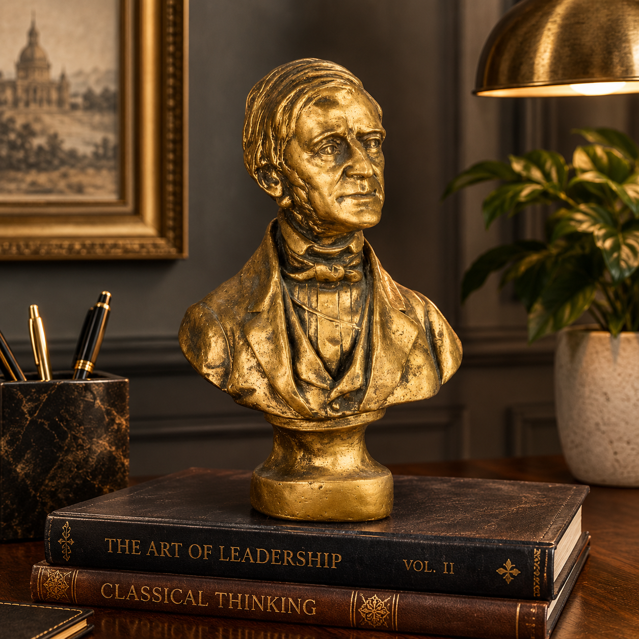 A golden metallic bust sculpture of a historical figure, displayed on a stack of books on a wooden desk in a styled study environment with a lamp, plant, and framed picture.