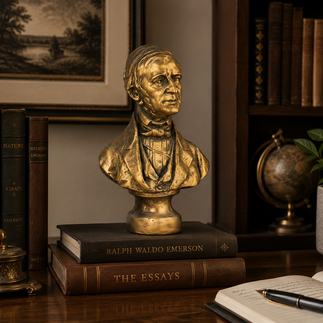 A gold-toned bust sculpture of Ralph Waldo Emerson displayed on a stack of vintage books on a wooden desk, surrounded by books, a small globe, and a potted plant in a study setting.
