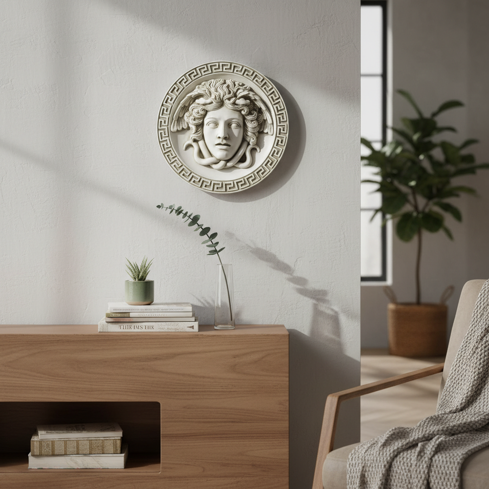 Decorative wall piece with a face design above a wooden console table in a room with a plant.