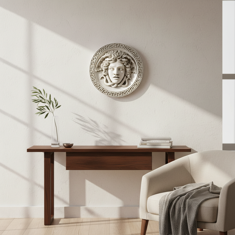 Decorative wall piece above a wooden console table in a bright room.