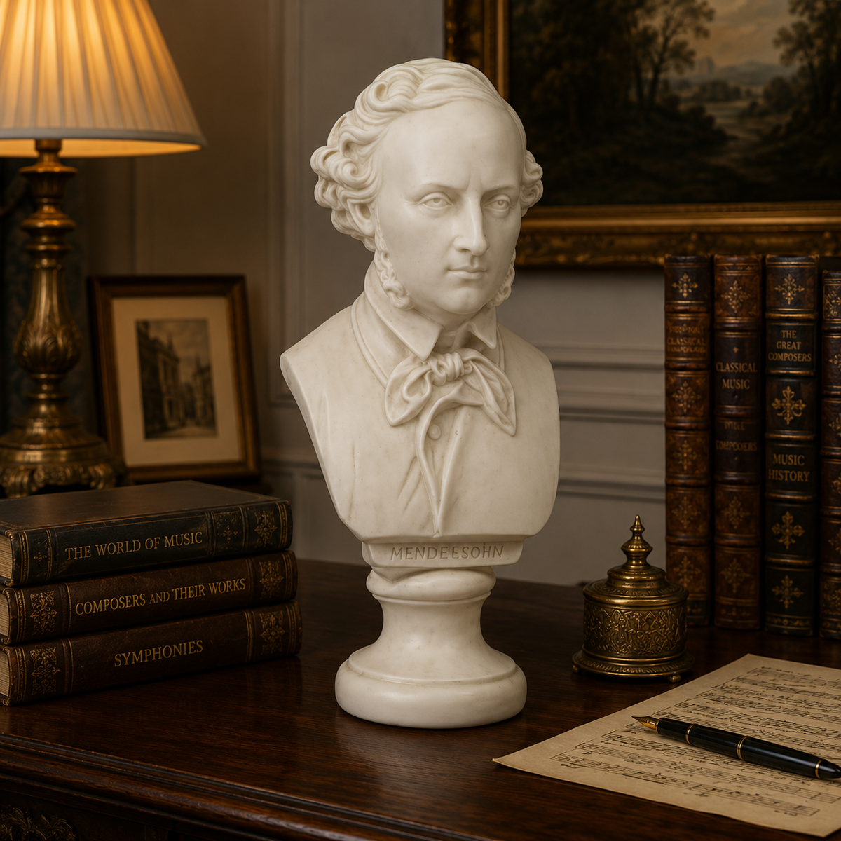 A white marble-style bust sculpture of Mendel’s Son set on a pedestal, displayed on a dark wooden desk surrounded by vintage books, a lit lamp, and a sheet of music.