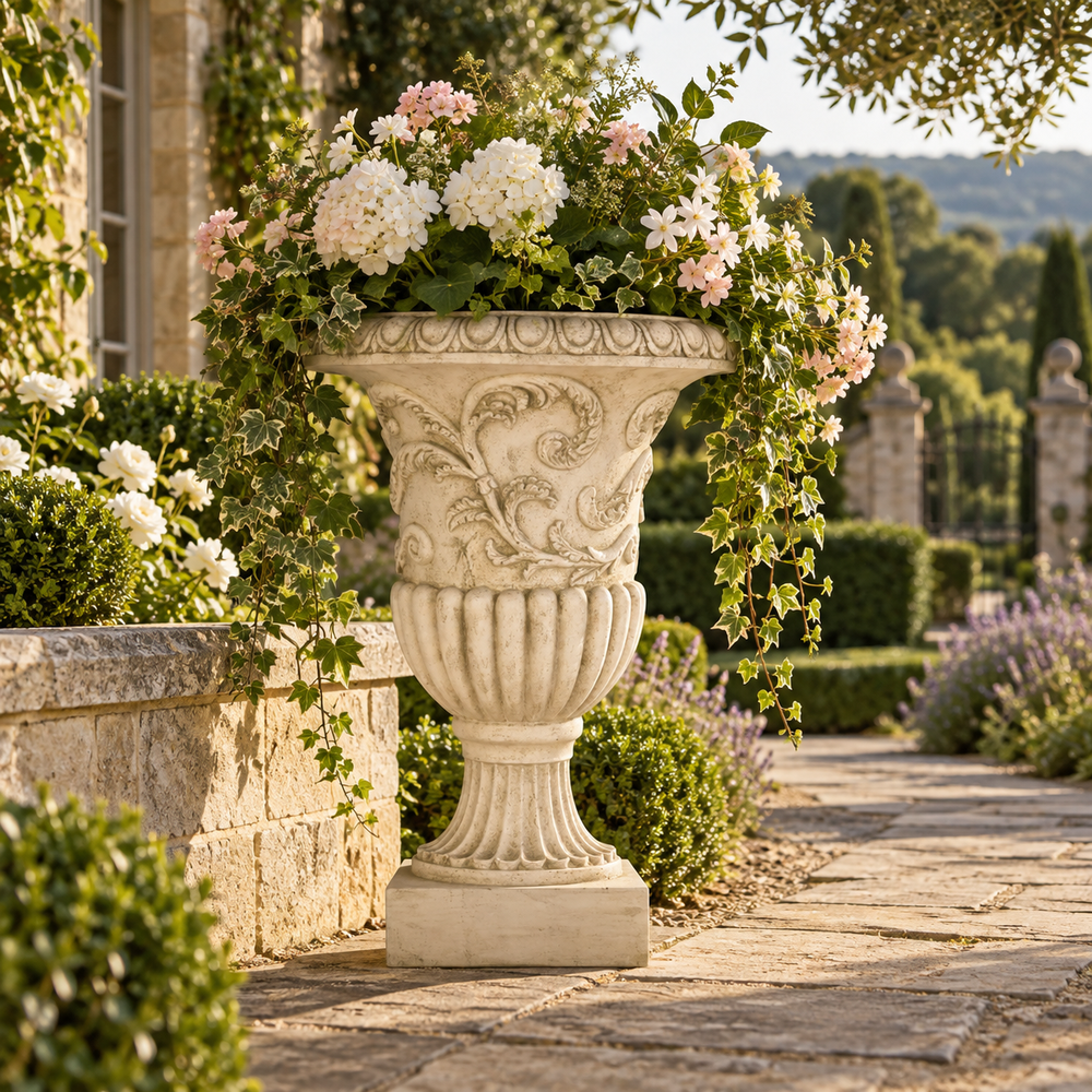 An ornate cream-colored stone urn planter filled with white and pink flowers and trailing green ivy, placed on a stone pathway in a lush garden setting.