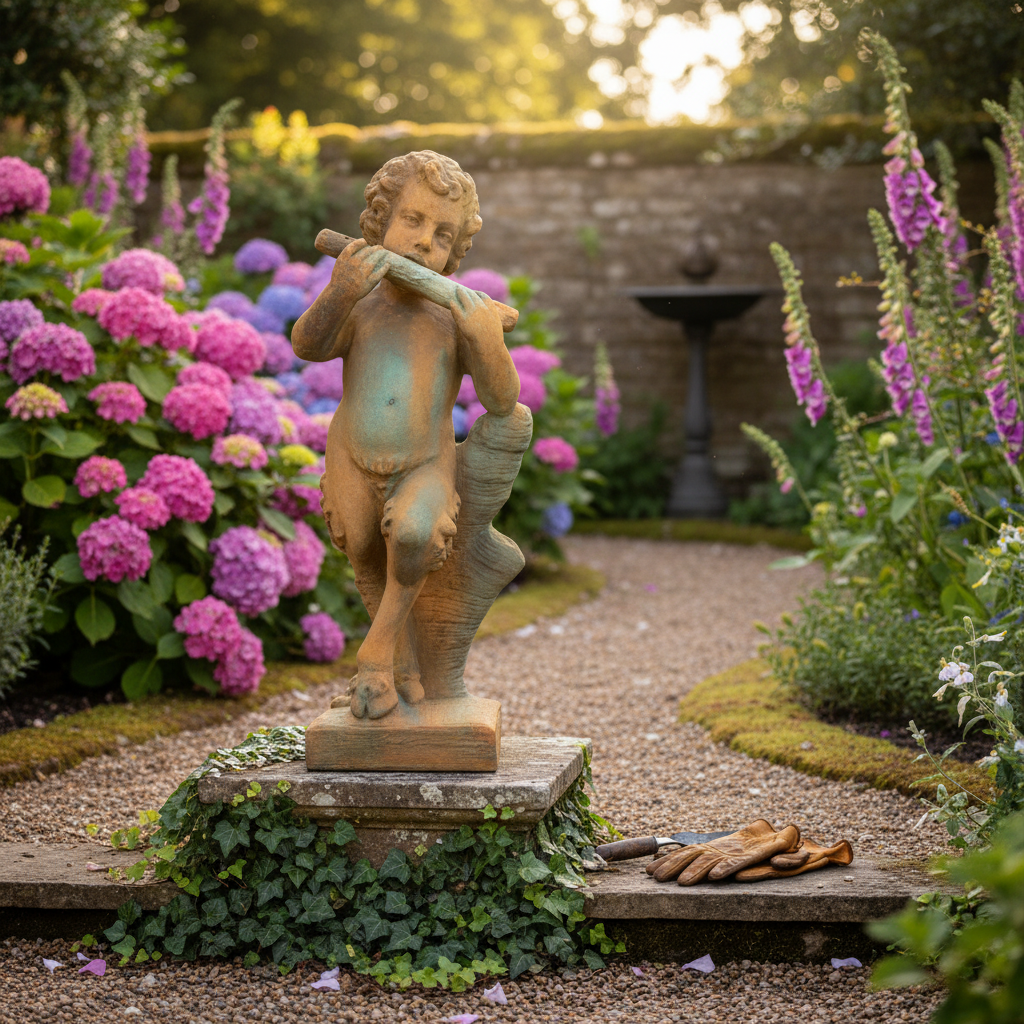 Statue of a child holding a fish in a garden with flowers and a fountain.