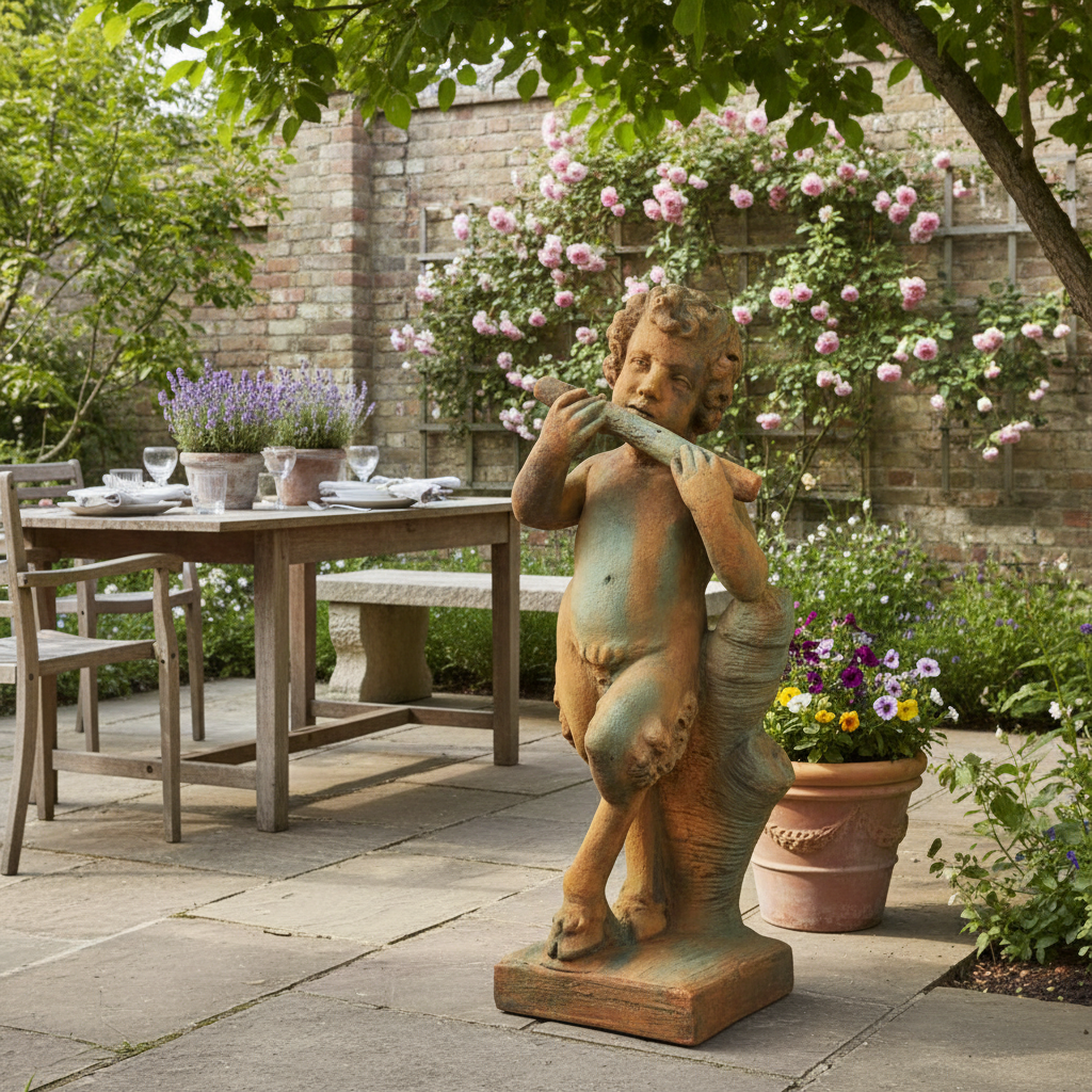 Statue of a child playing a flute in a garden setting with a table and chairs.