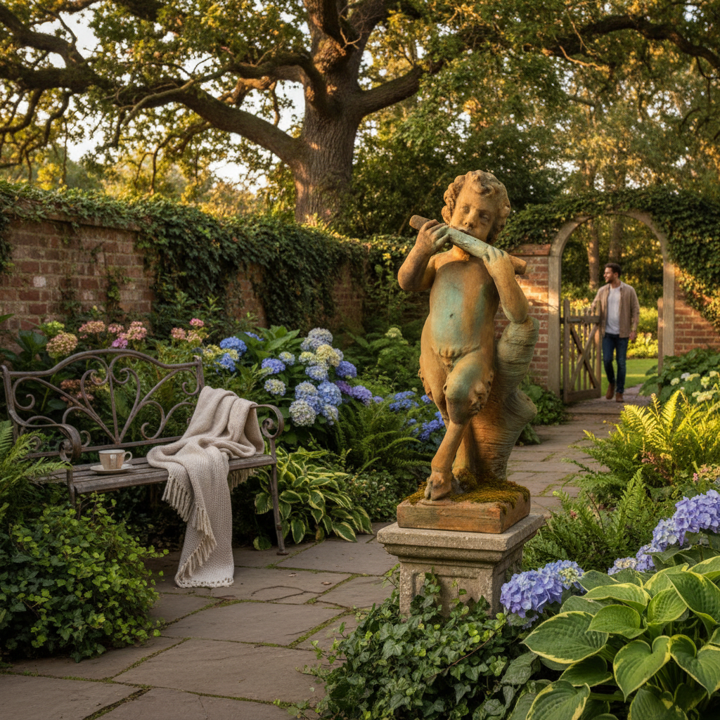 Garden scene with a statue of a child playing music, bench, and flowers.