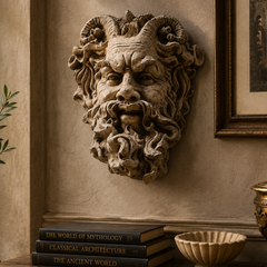 A carved stone or concrete wall sculpture of a ram-headed face mounted on a beige wall above a wooden console table. The sculpture has detailed textures, deep shadows, and is flanked by a potted olive branch, stacked books, a small bowl, and a brass vessel.