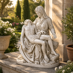Statue of a woman holding a man in a garden setting