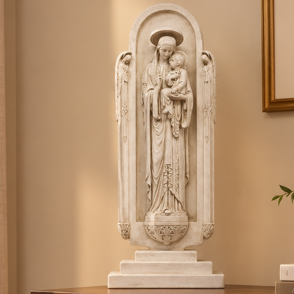 A white carved religious statue of the Virgin Mary holding the infant Jesus stands on a wooden console table in a styled living room. The scene includes a beige sofa with a floral pillow, potted plants, framed wall art, and a table lamp.