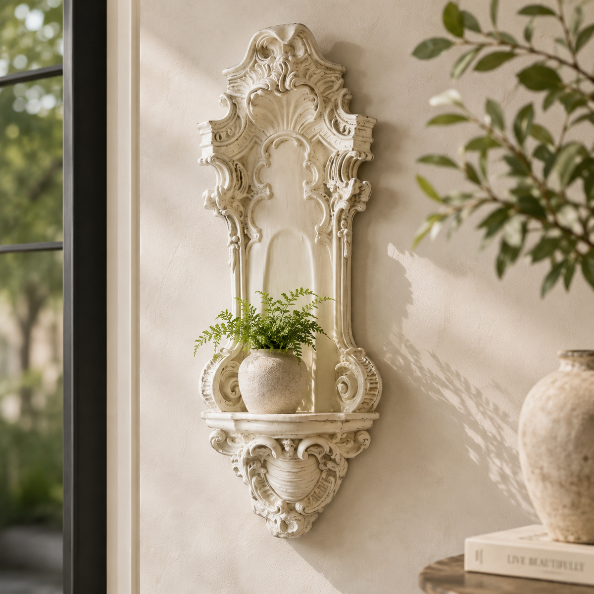 Decorative wall shelf with a plant on a neutral wall