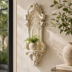 Decorative wall shelf with a plant on a neutral wall