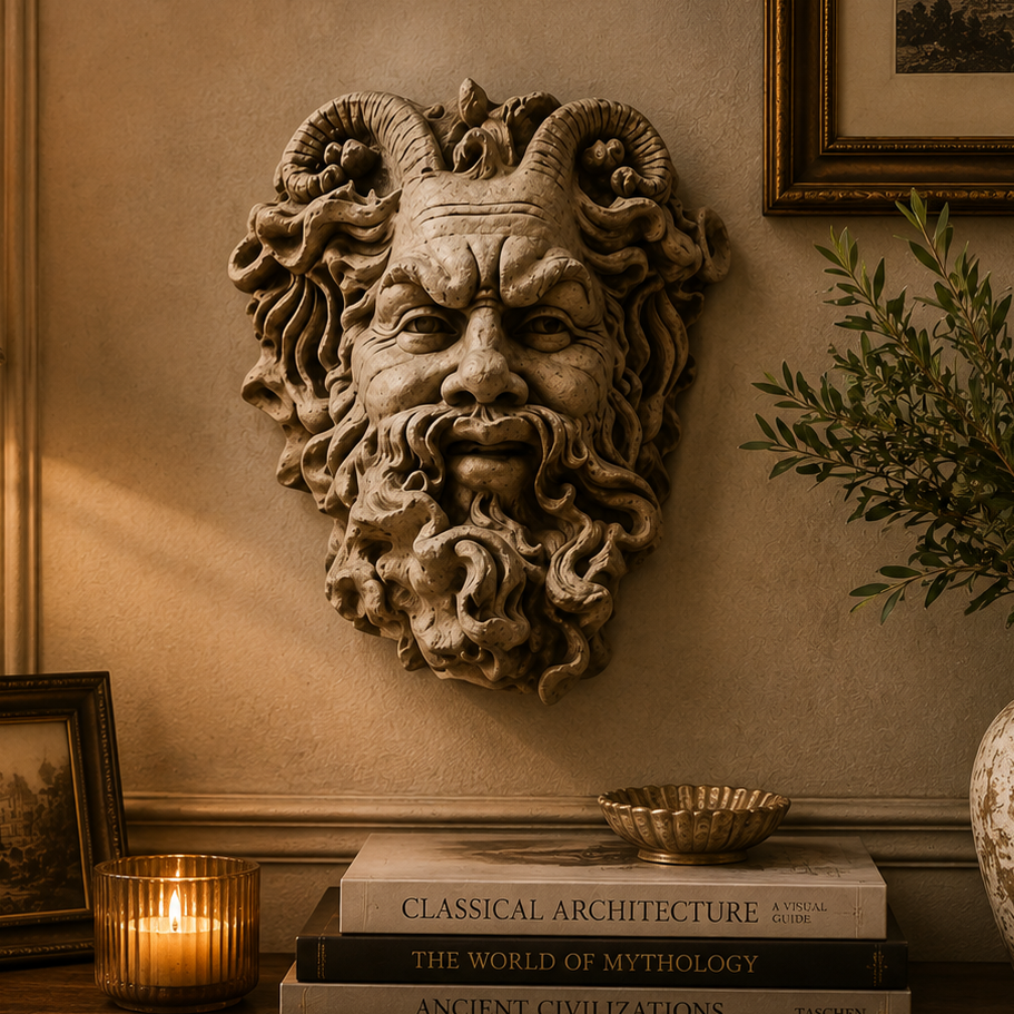A carved stone wall sculpture of a ram-headed deity with a beard, mounted on a beige wall above a wooden console table decorated with a lamp, candle, framed picture, books, and a vase.