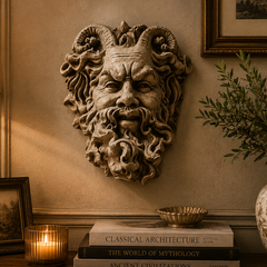 A carved stone wall sculpture of a ram-headed deity with a beard, mounted on a beige wall above a wooden console table decorated with a lamp, candle, framed picture, books, and a vase.