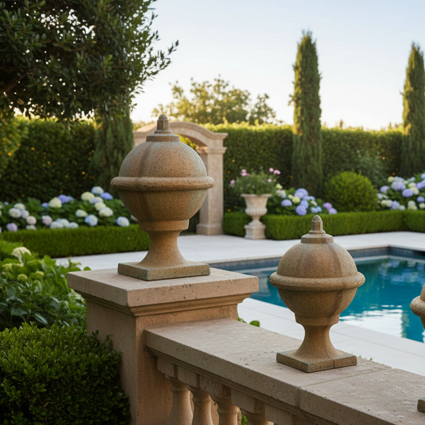 Decorative stone urns on a poolside deck with a garden and pool in the background.