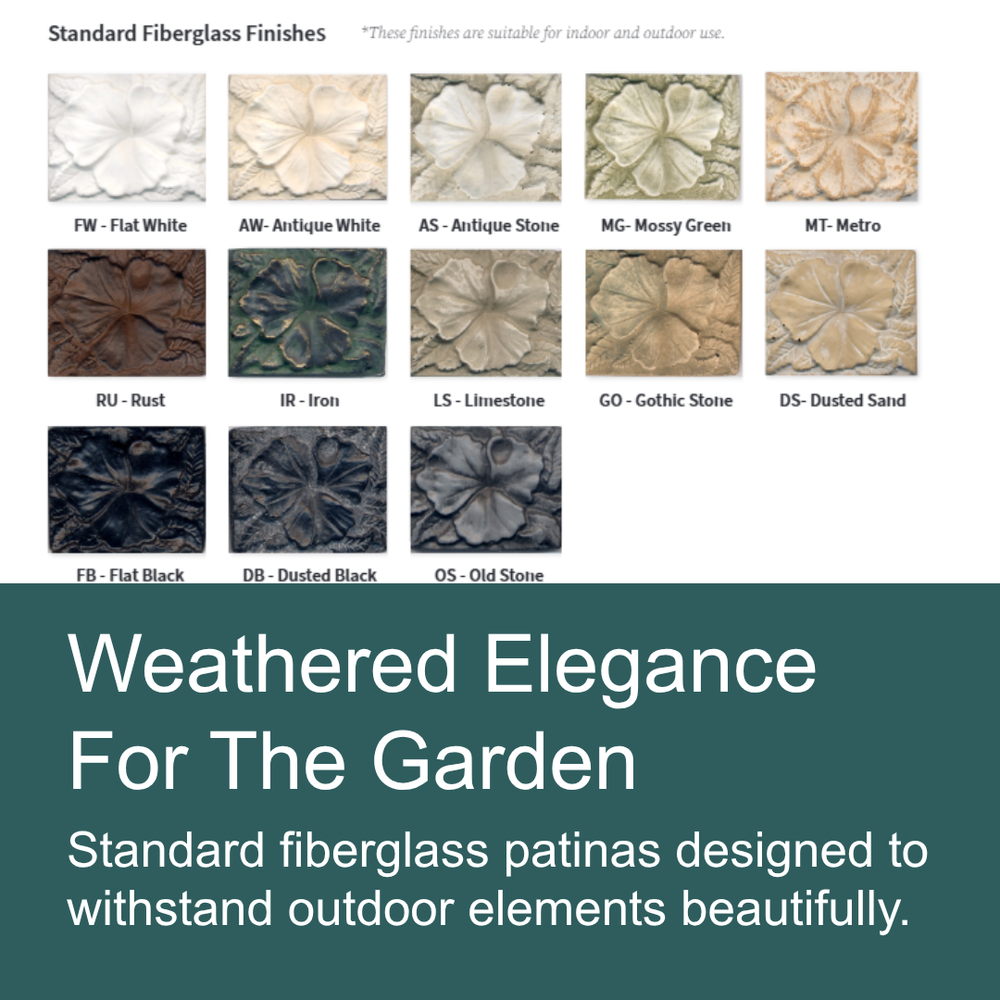 A promotional graphic showing multiple labeled fiberglass finish samples for garden use, including FW-Flat White, AW-Anthique White, AS-Anthique Stone, MG-Mossy Green, MT-Metro, RU-Rust, IR-Iron, LS-Limestone, GO-Gothic Stone, DS-Dusted Sand, FB-Flat Black, DB-Dusted Black, and OS-Old Stone. Text below reads 'Weathered Elegance For The Garden' and describes standard fiberglass patinas designed to withstand outdoor elements.