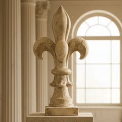 Decorative stone Fleur-de-Lys sculpture on a wooden surface with books and a plant in the background.