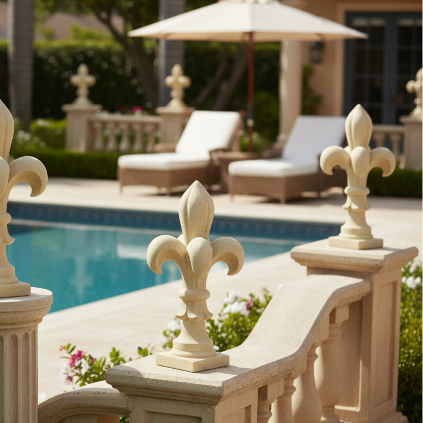 Decorative stone columns with fleur-de-lis designs by a poolside.