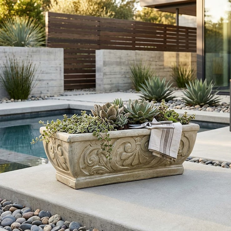 Decorative planter with succulents by a poolside in a modern outdoor setting