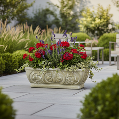 Decorative planter with flowers on a patio area