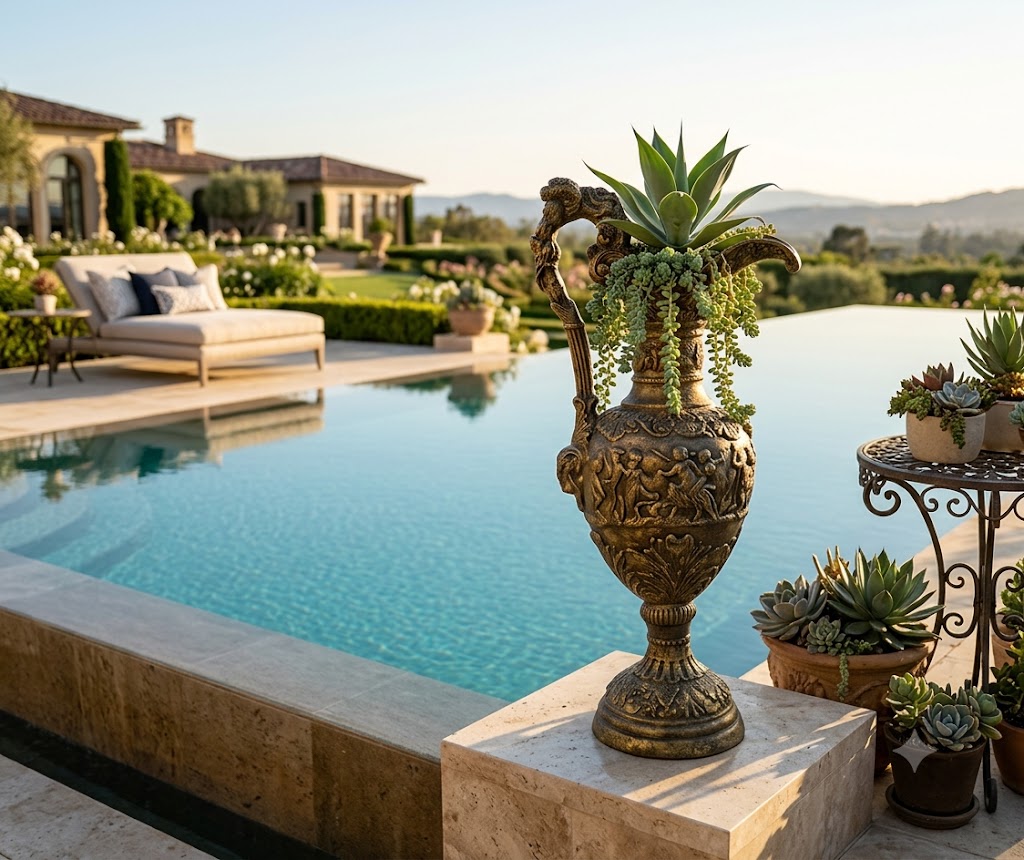 Florentine Pitcher Garden.  Decorative urn with plants by a poolside in a luxurious garden setting