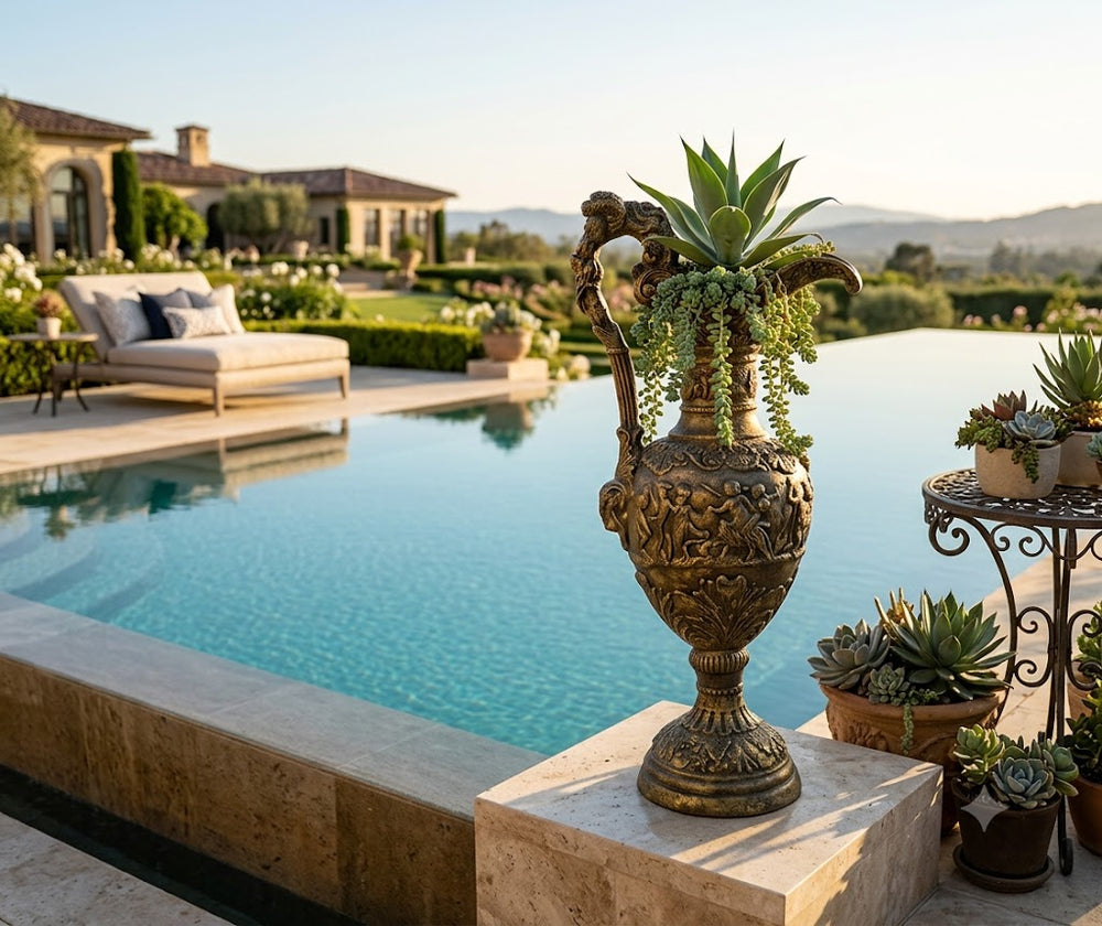 Florentine Pitcher Garden.  Decorative urn with plants by a poolside in a luxurious garden setting