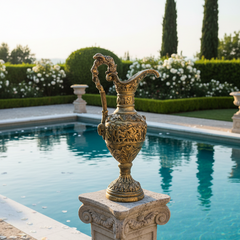 Decorative gold urn on a pedestal by a pool with garden in the background