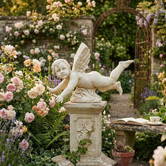 Flying Cherub — Garden Angel Statue Statue of a winged figure in a garden with flowers and a bench.