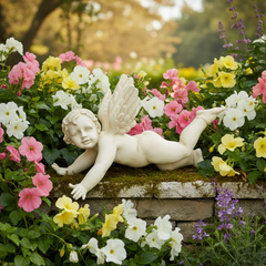 Statue of a winged child amidst flowers in a garden setting