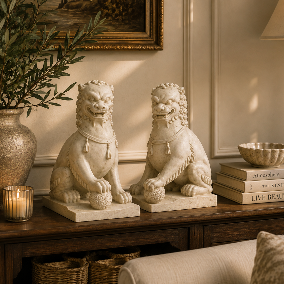 Two cream-colored stone lion statues displayed on a dark wooden console table in a beautifully styled room with warm sunlight, a brass table lamp, books, and a potted olive branch.