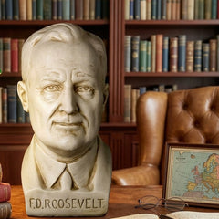 Bust of F.D. Roosevelt on a desk with books and a lamp in a library setting