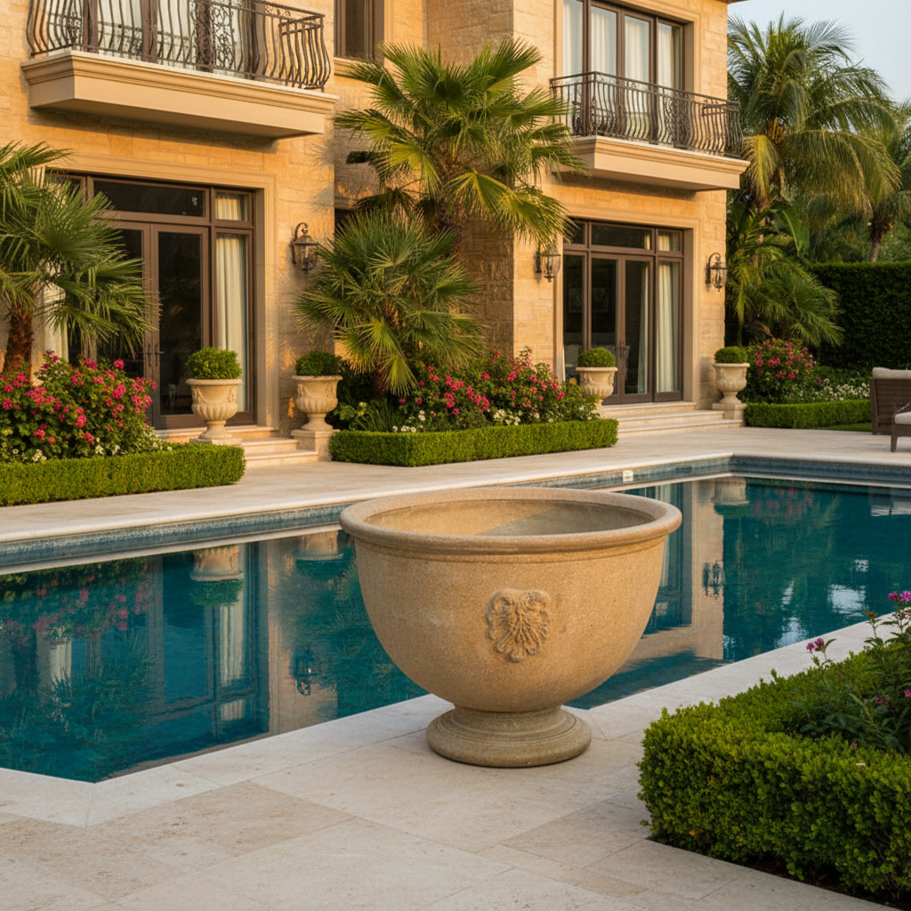 Luxurious mansion with a pool, garden, and decorative urn.