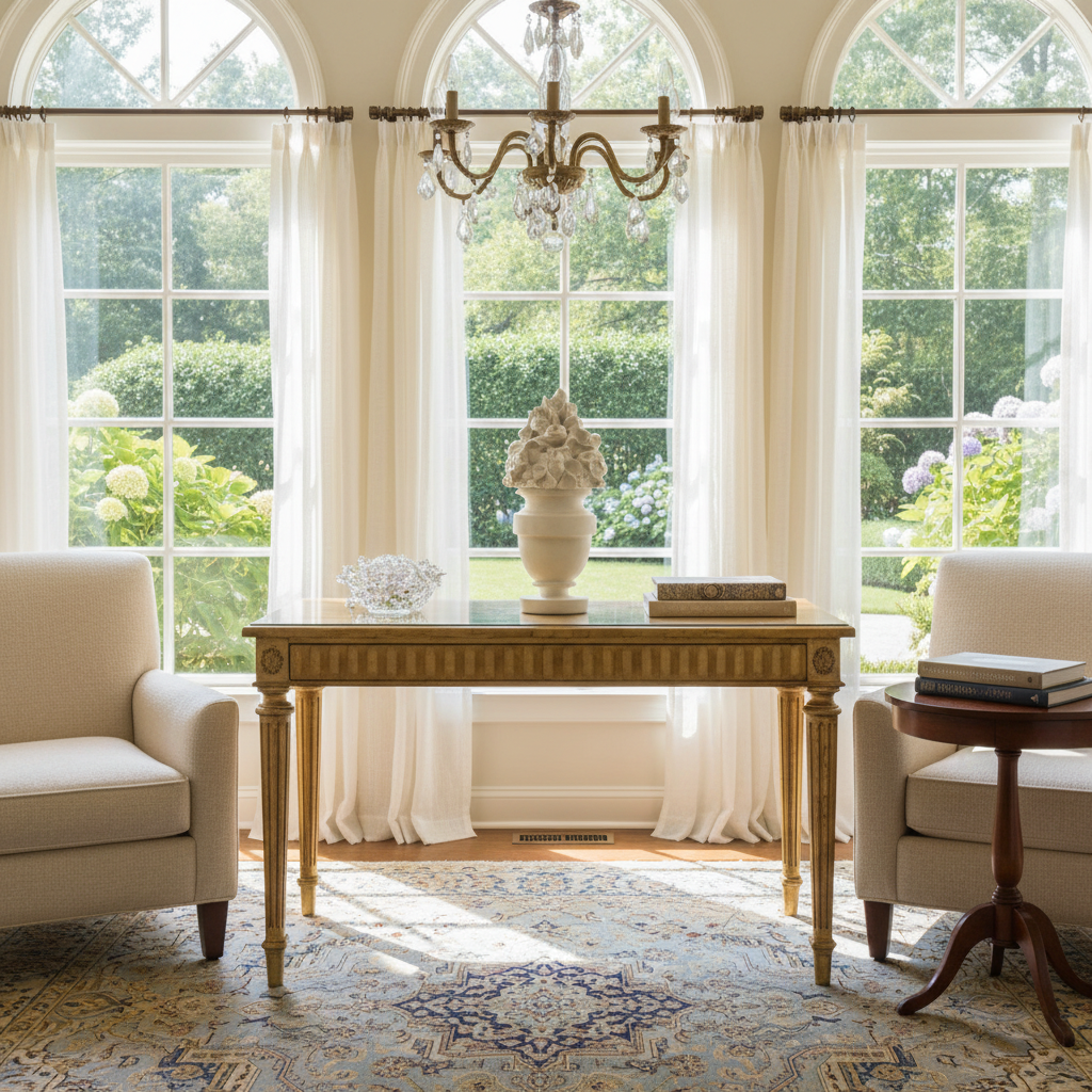Living room with a wooden table, chairs, and decorative elements in front of large windows.