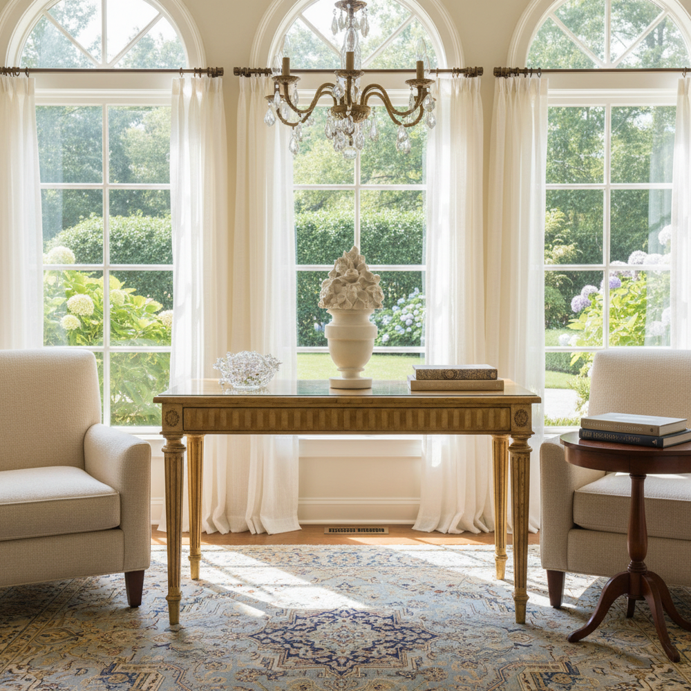 Living room with a wooden table, chairs, and decorative elements in front of large windows.