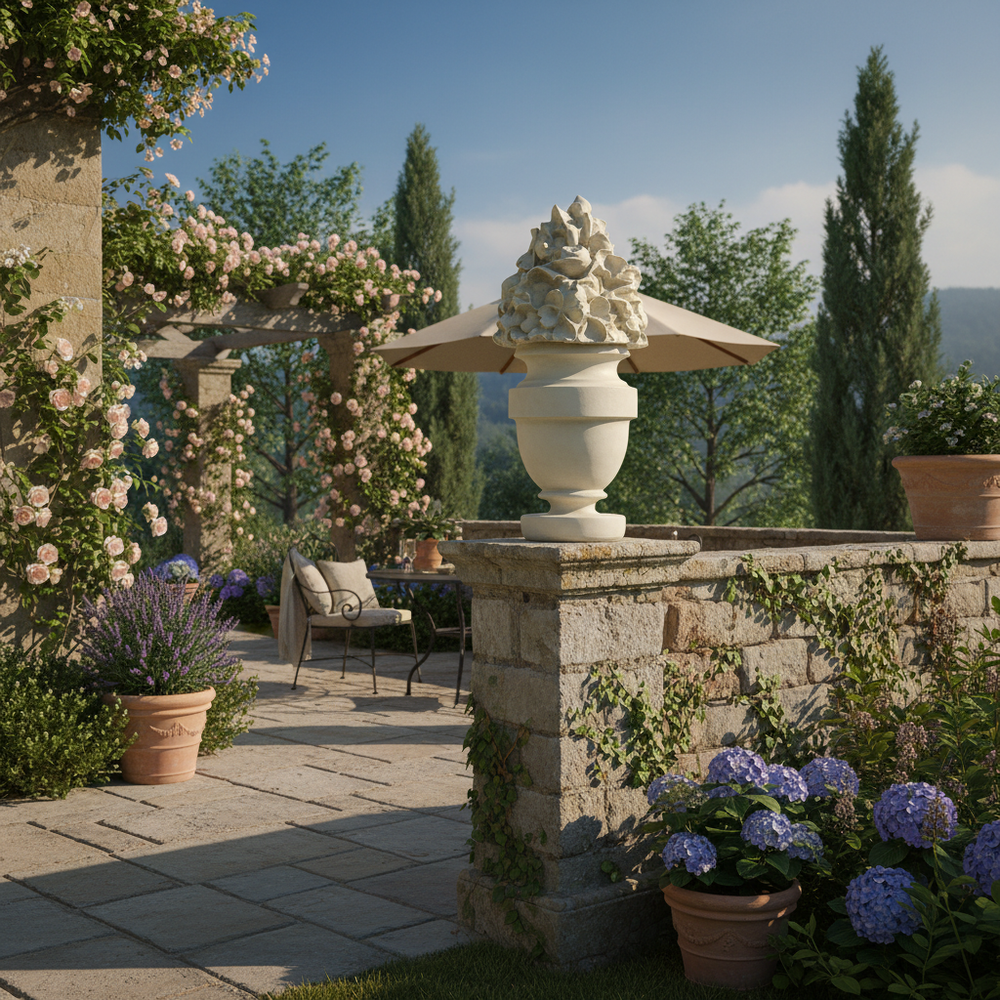 Outdoor patio with stone wall, decorative urn, and potted plants