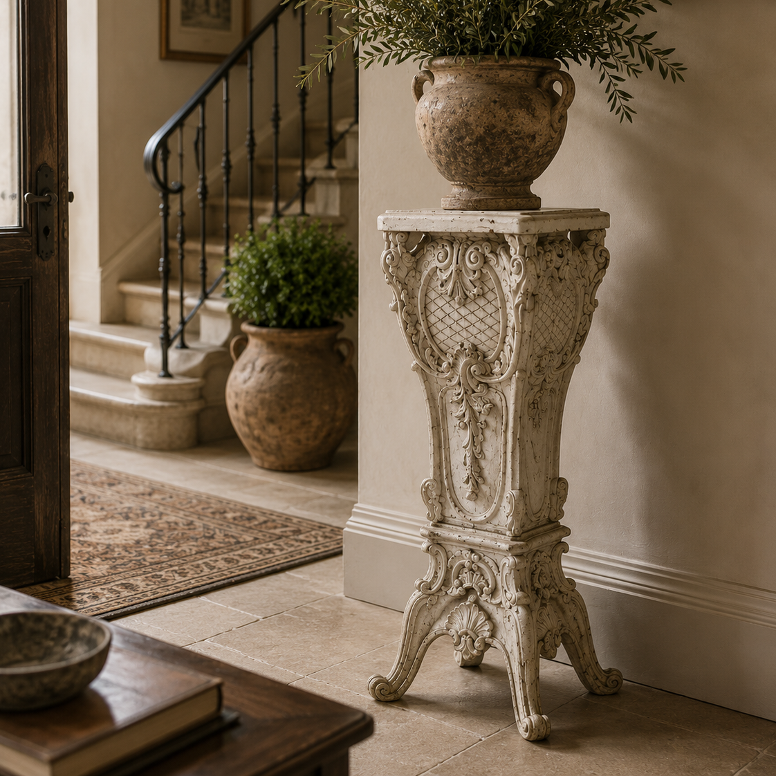 Decorative planters on ornate stands in a home interior.