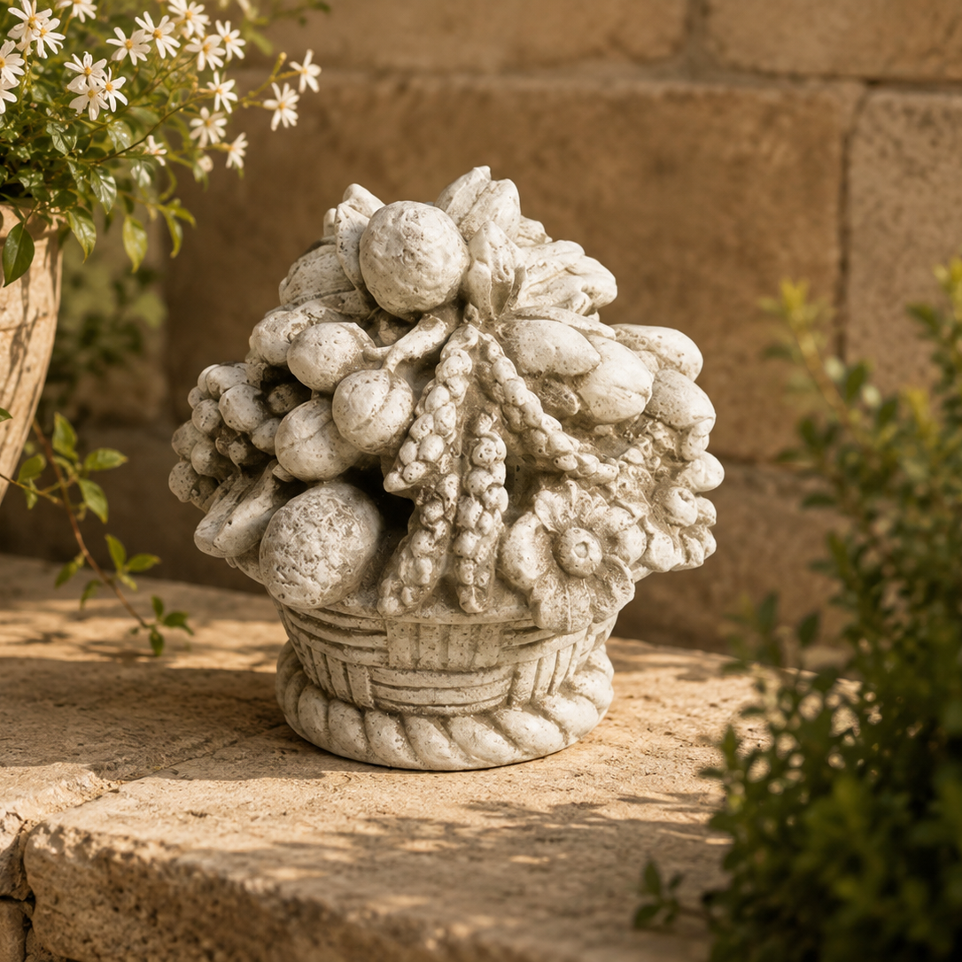 A light gray stone sculpture of a fruit and vegetable basket, placed on a stone ledge in an outdoor garden setting with potted plants and a stone wall background.