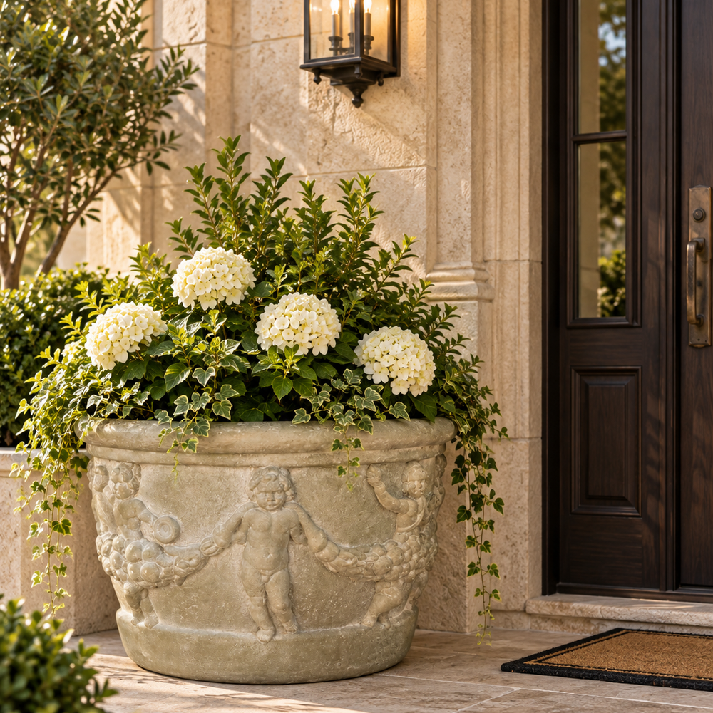 A large round stone planter with classical cherub carvings, filled with green foliage and white hydrangea blooms, placed on a stone porch beside a dark wooden door.